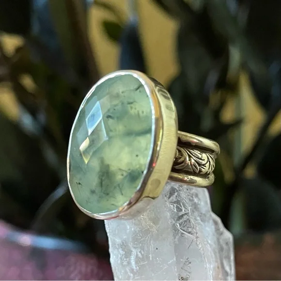 Faceted Prehnite Sterling Silver Ring Floral Band by designer Kyri